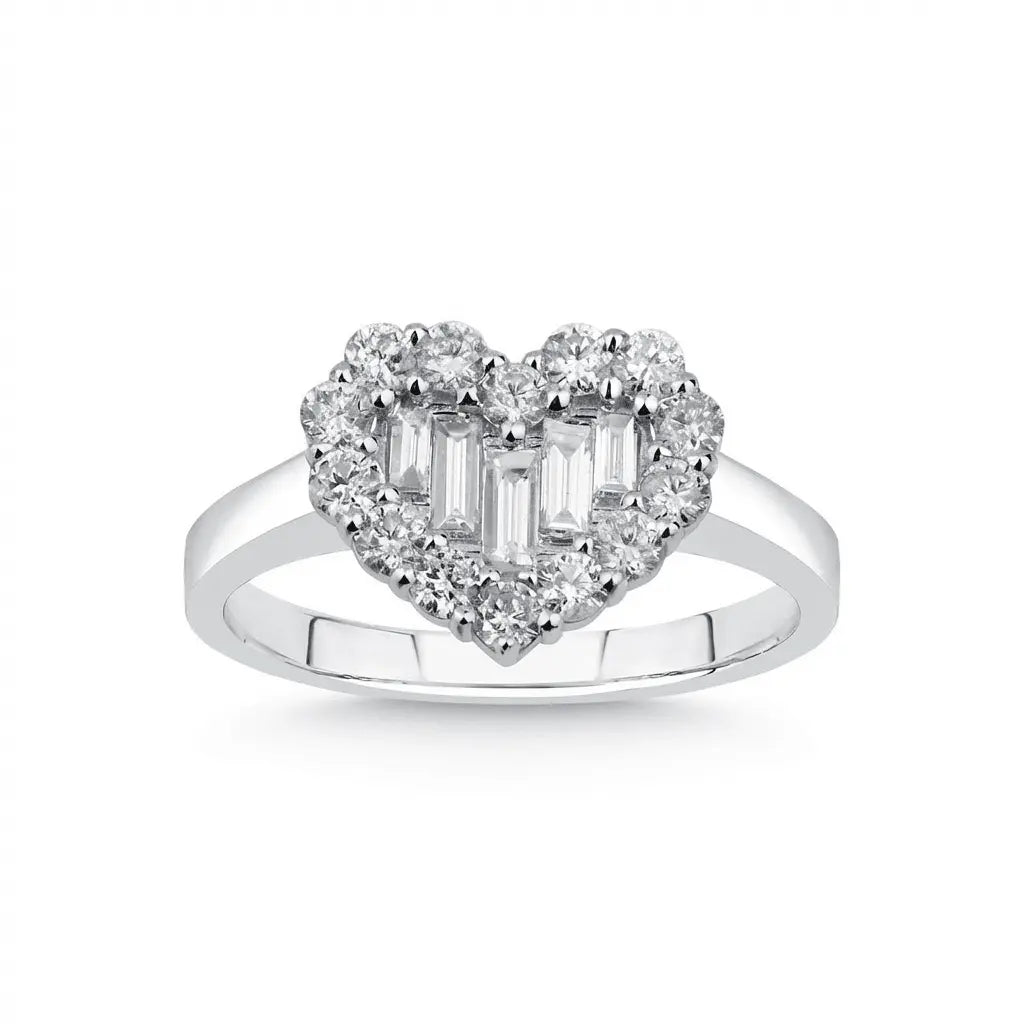 A 14ct white gold heart-shaped diamond ring with a central baguette diamond and 0.81ct total weight by Majestic Jewellery