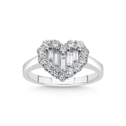 A 14ct white gold heart-shaped diamond ring with a central baguette diamond and 0.81ct total weight by Majestic Jewellery