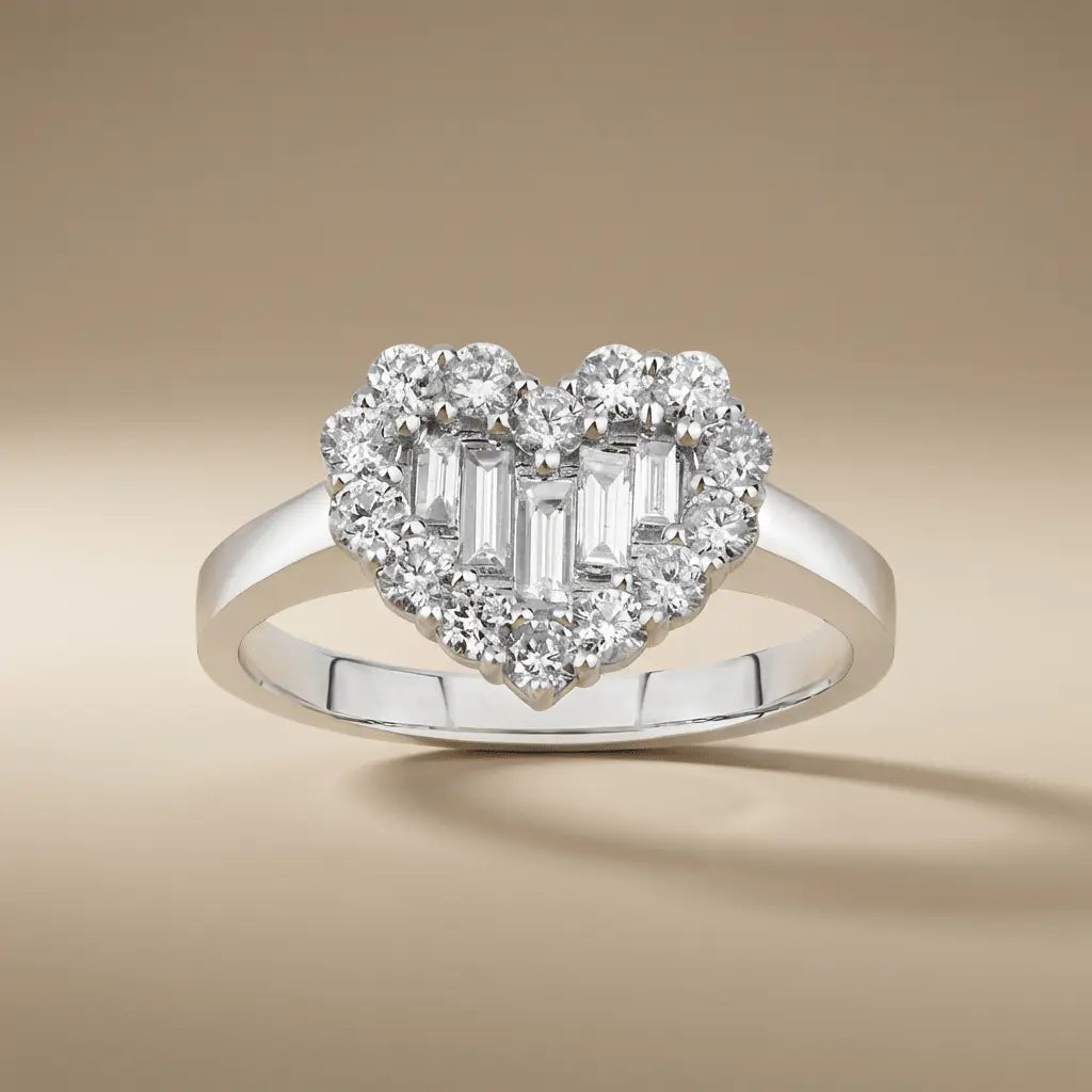 14ct white gold heart-shaped diamond ring with a center baguette and 0.81ct diamonds by Majestic Jewellery