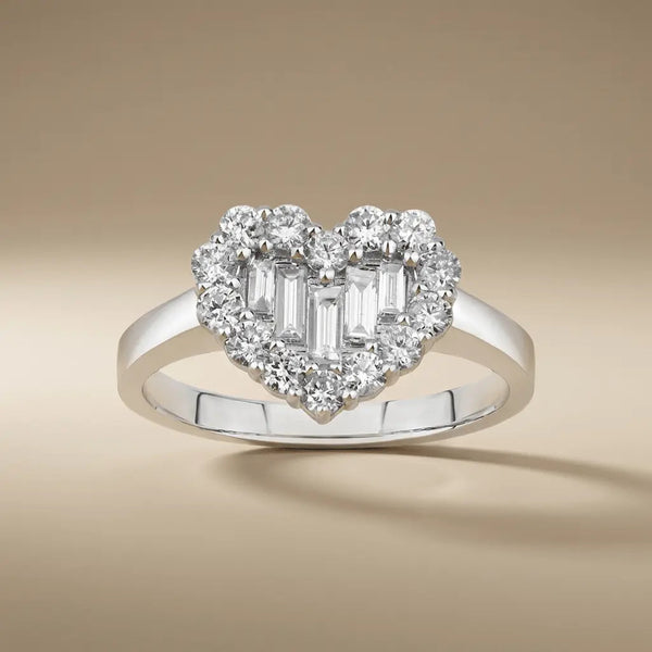 14ct white gold heart-shaped diamond ring with a center baguette and 0.81ct diamonds by Majestic Jewellery