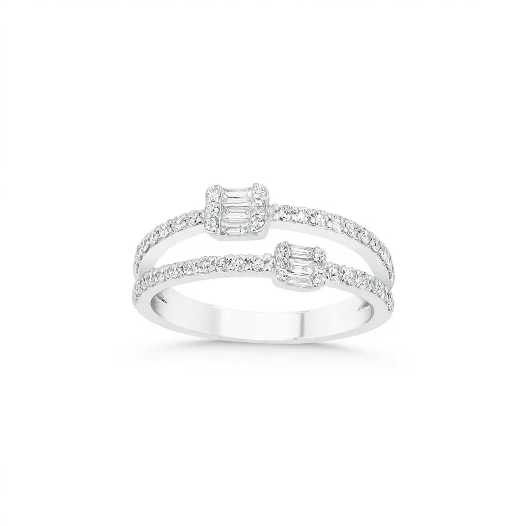 14ct/14K White Gold Natural Diamond Ring – Open Double Diamond with Baguette Clusters 0.5ct Majestic Jewellery