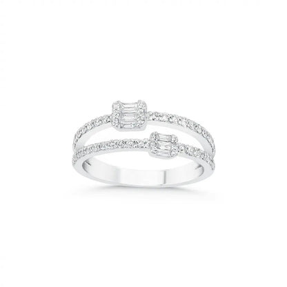 14ct/14K White Gold Natural Diamond Ring – Open Double Diamond with Baguette Clusters 0.5ct Majestic Jewellery