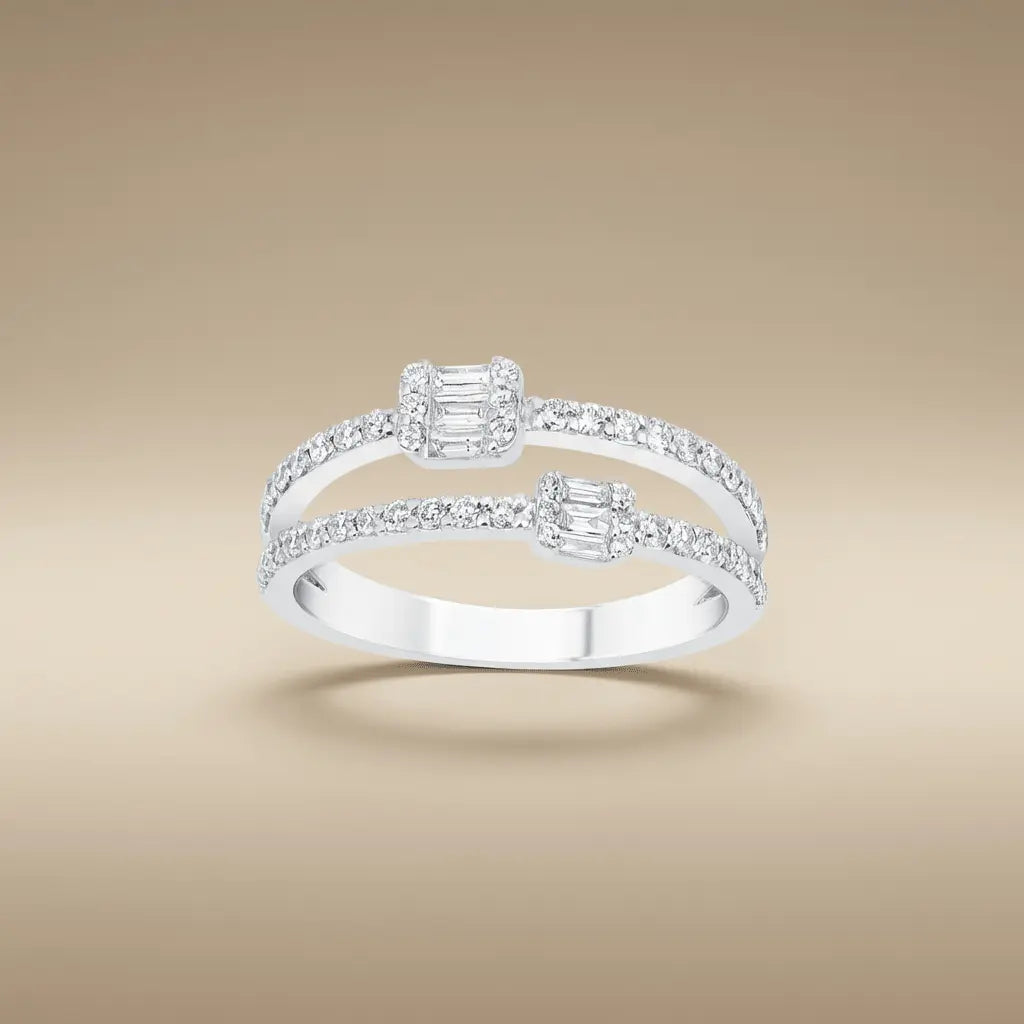14ct/14K White Gold Natural Diamond Ring – Open Double Diamond with Baguette Clusters 0.5ct Majestic Jewellery