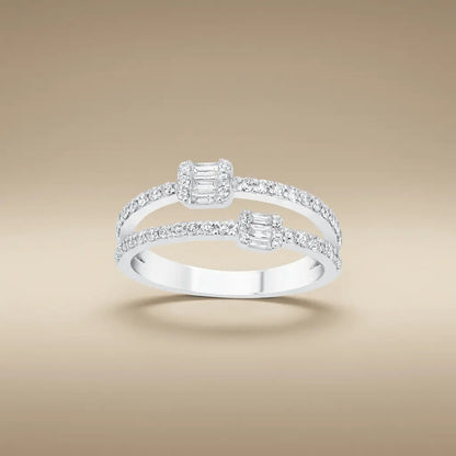 14ct/14K White Gold Natural Diamond Ring – Open Double Diamond with Baguette Clusters 0.5ct Majestic Jewellery