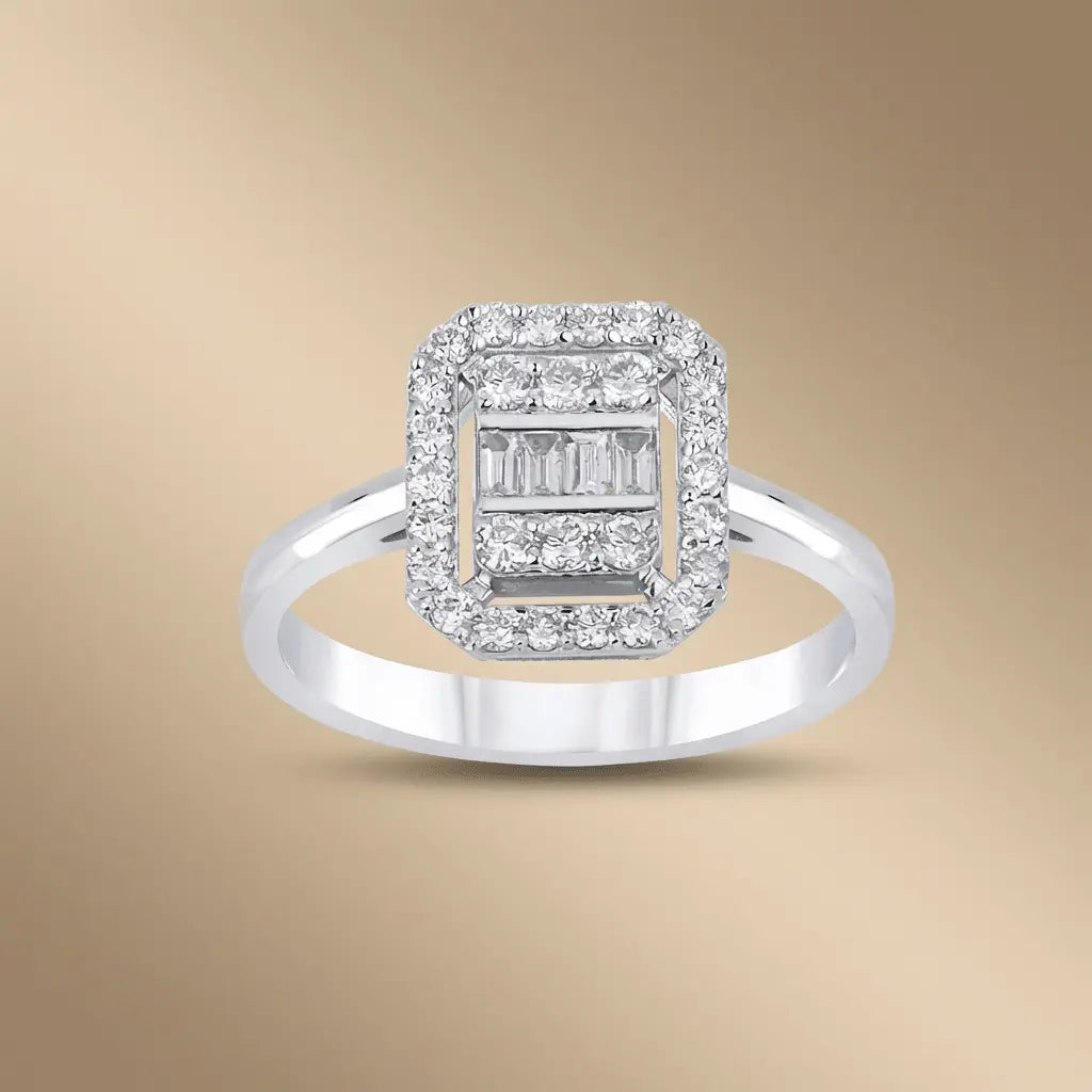 14ct white gold ring with baguette halo diamond 0.57ct by Majestic Jewellery
