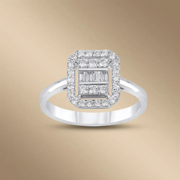 14ct white gold ring with baguette halo diamond 0.57ct by Majestic Jewellery