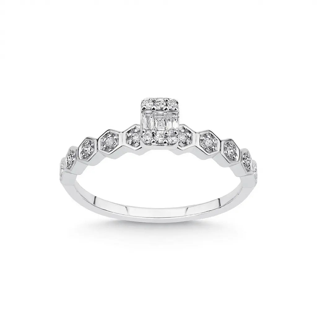 A hexagon diamond ring with a baguette center in 14K white gold, set with 0.18ct natural diamonds, by Majestic Jewellery