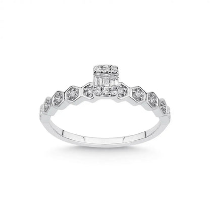 A hexagon diamond ring with a baguette center in 14K white gold, set with 0.18ct natural diamonds, by Majestic Jewellery