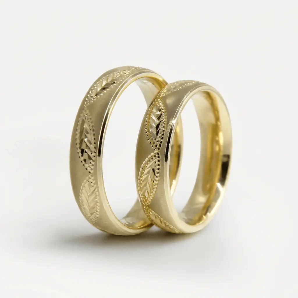 A 5mm gold wedding band with engraved classic design in 9ct, 14ct, or 18ct gold by Majestic Jewellery