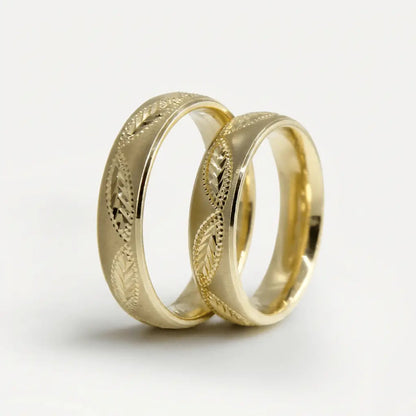 A 5mm gold wedding band with engraved classic design in 9ct, 14ct, or 18ct gold by Majestic Jewellery