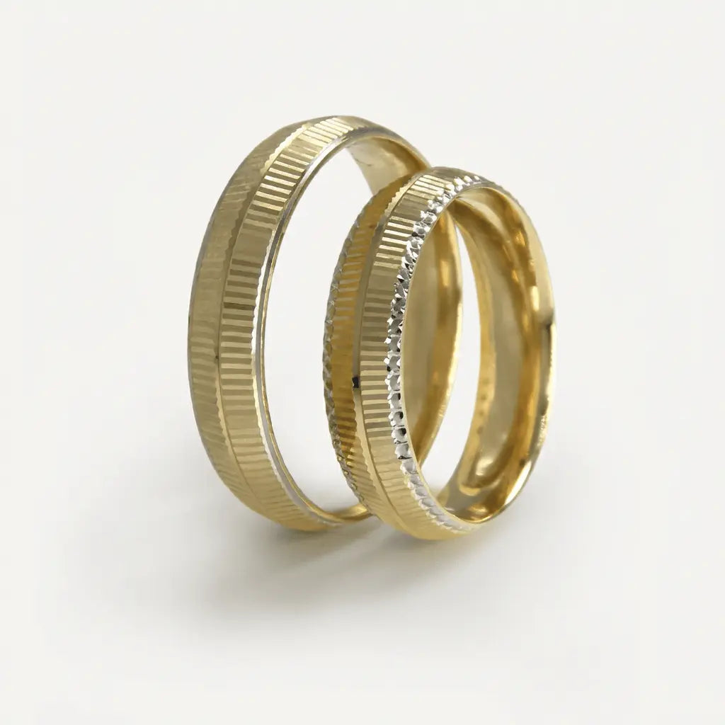 A 5mm gold wedding band with a vertical line stone edge in 9ct gold, shown from the front.