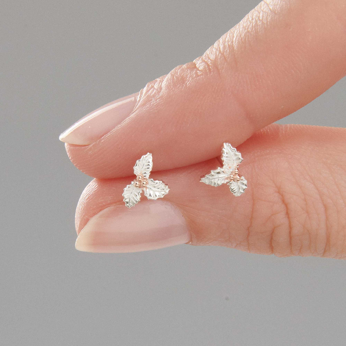 Holly Leaf Silver & Rose Gold Stud Earrings Scarlett Jewellery