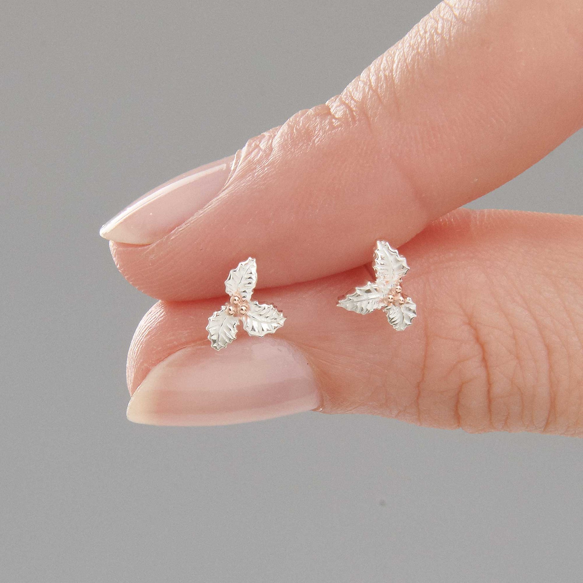 Holly Leaf Silver & Rose Gold Stud Earrings Scarlett Jewellery