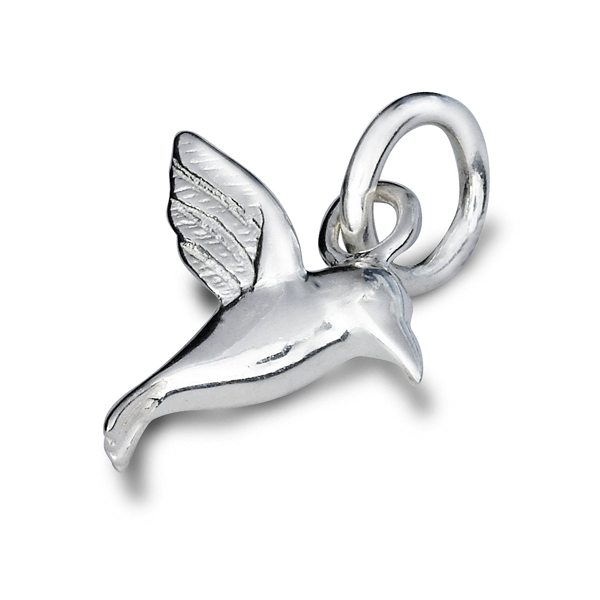 Silver hummingbird charm with delicate wings, displayed on a soft white background, part of the Scarlett Jewellery collection