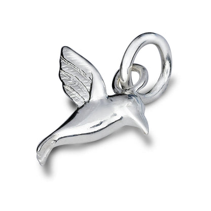 Silver hummingbird charm with delicate wings, displayed on a soft white background, part of the Scarlett Jewellery collection
