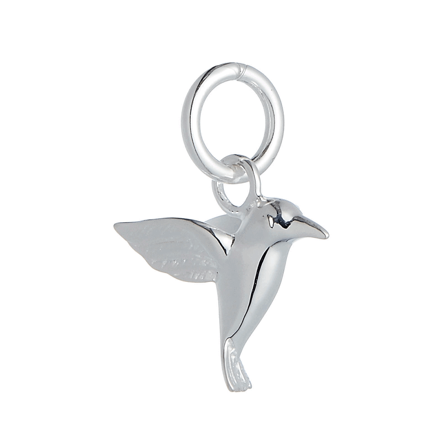 A silver hummingbird charm shaped like a delicate winged bird, displayed on a soft white background by Scarlett Jewellery.