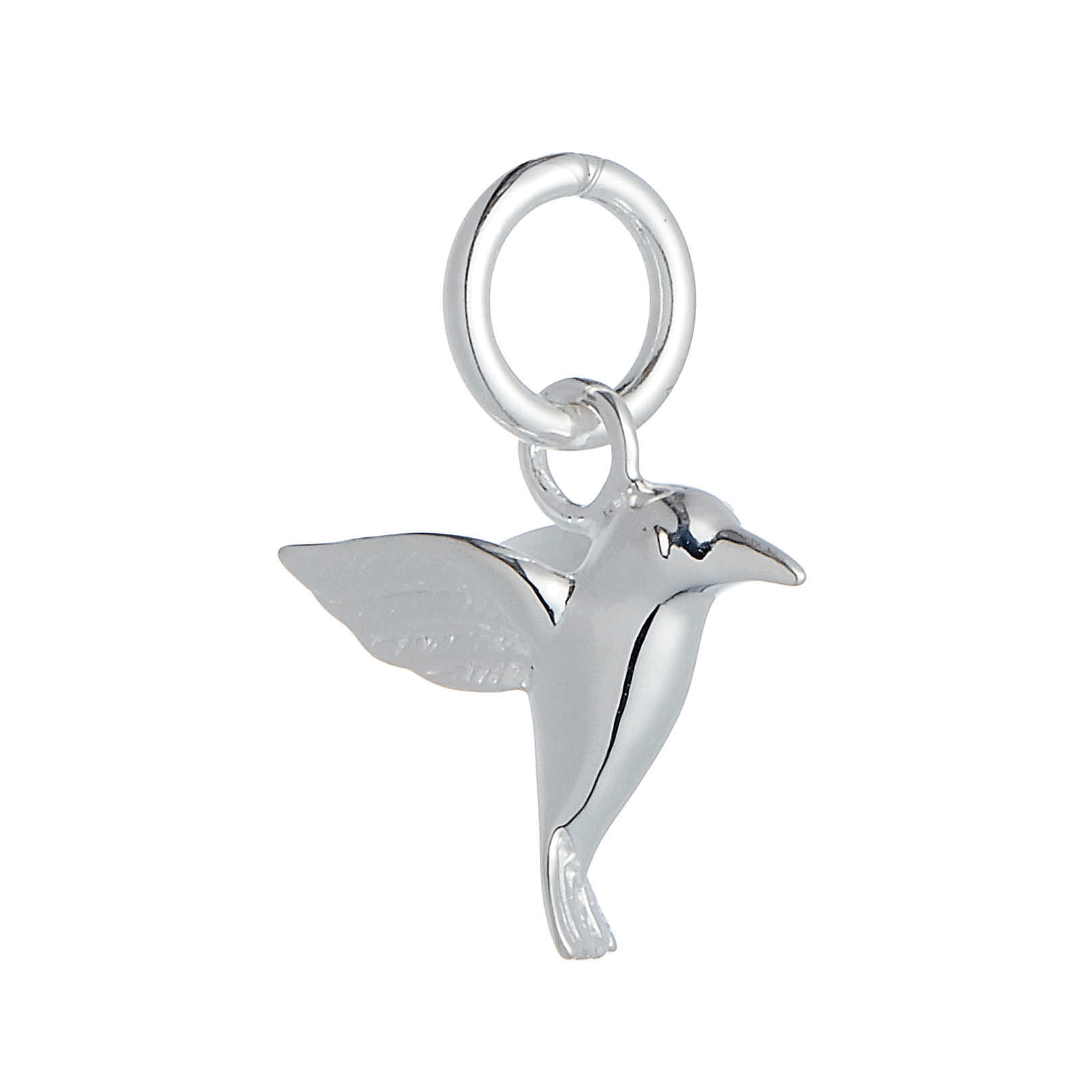 A silver hummingbird charm shaped like a delicate winged bird, displayed on a soft white background by Scarlett Jewellery.