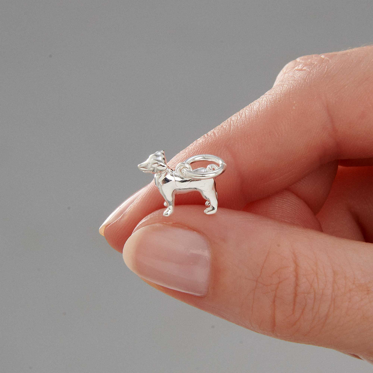 Silver Jack Russell Terrier dog charm by Scarlett Jewellery displayed on a soft fabric background