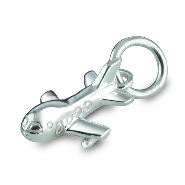 Aeroplane silver charm with intricate detailing, displayed on a soft pink background by Scarlett Jewellery.