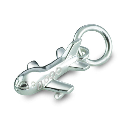 Aeroplane silver charm with intricate detailing, displayed on a soft pink background by Scarlett Jewellery.