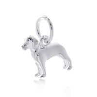 A silver Labrador dog charm shaped like a loyal companion, displayed on a soft blue background, by Scarlett Jewellery.