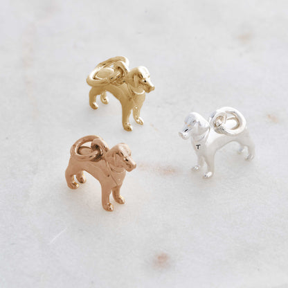 A silver Labrador dog charm with detailed texture, shown against a soft background, by Scarlett Jewellery.