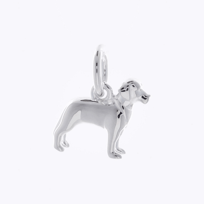 A silver Labrador dog charm with detailed texture, shown against a soft background, by Scarlett Jewellery.