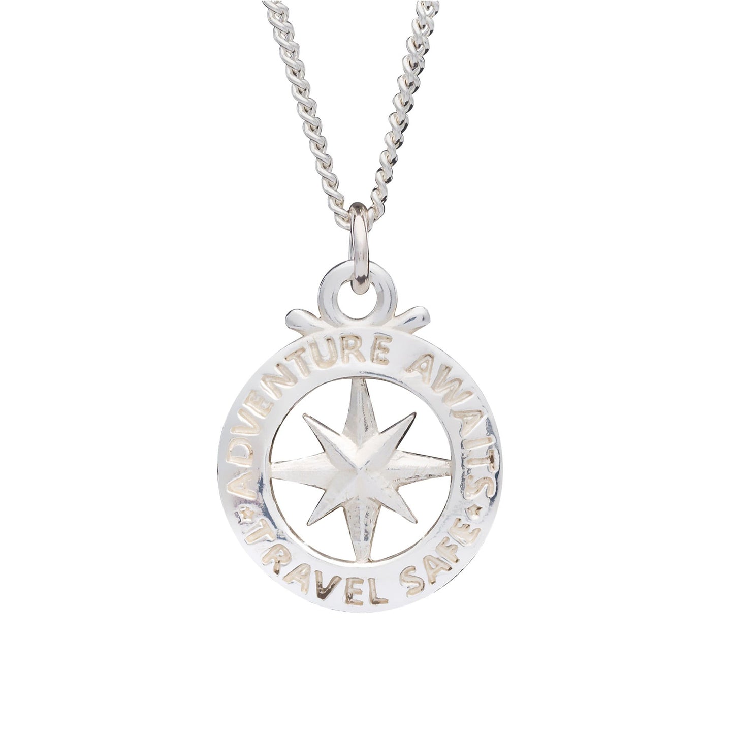 Large silver necklace featuring a compass outline and St Christopher design by Scarlett Jewellery.