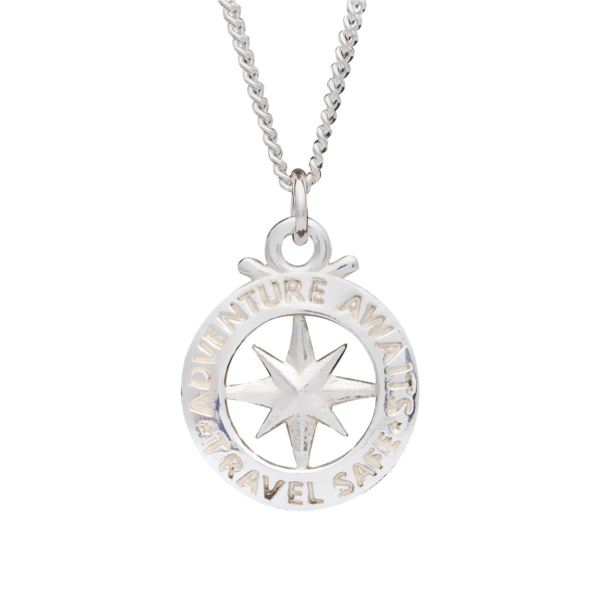 Large silver necklace featuring a compass outline and St Christopher design by Scarlett Jewellery.