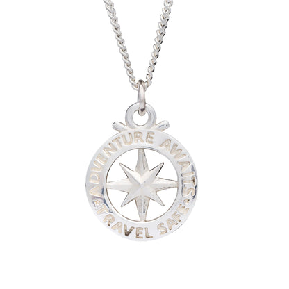 Large silver necklace featuring a compass outline and St Christopher design by Scarlett Jewellery.