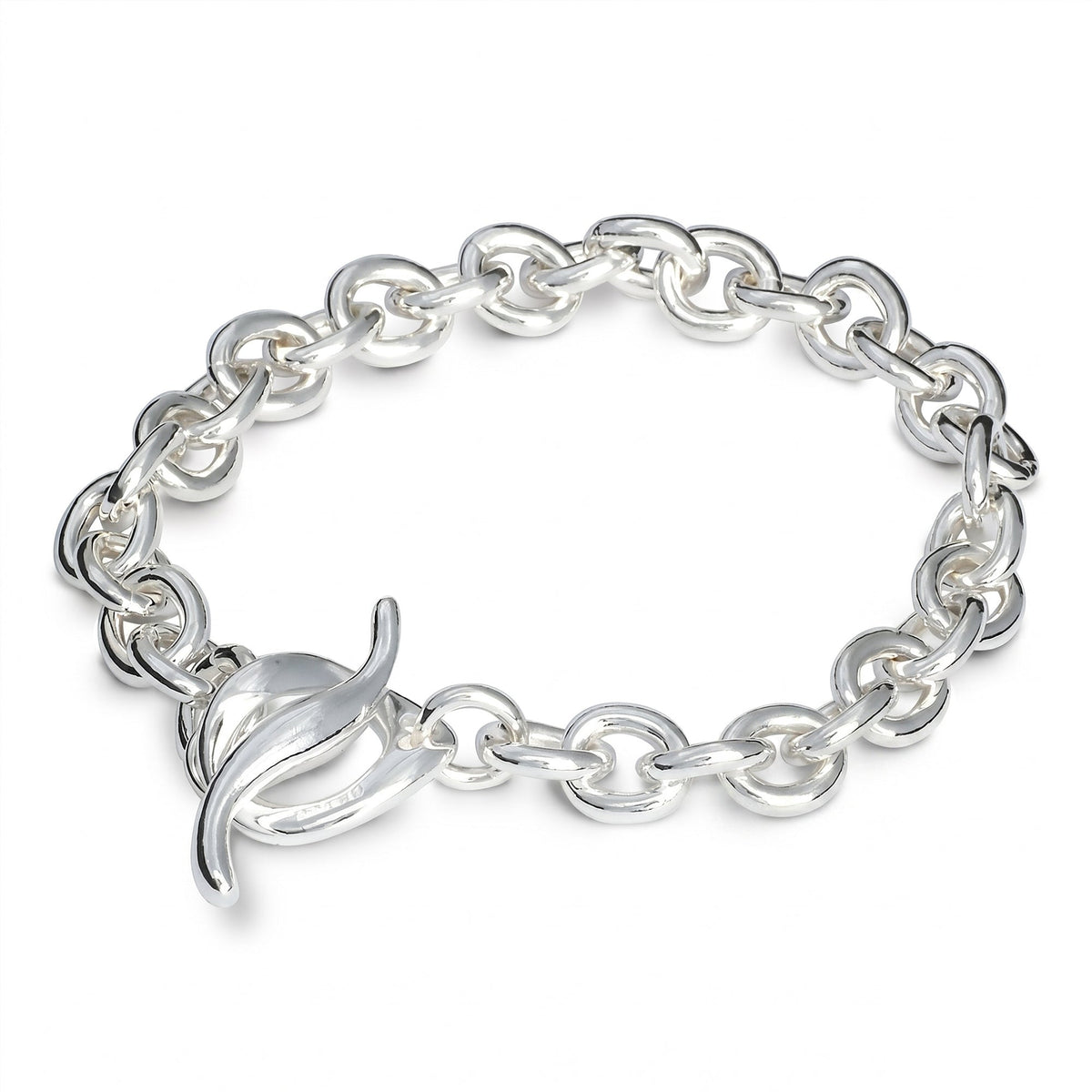A silver charm bracelet with a heart-shaped charm, detailed engravings, and a polished finish by Scarlett Jewellery.
