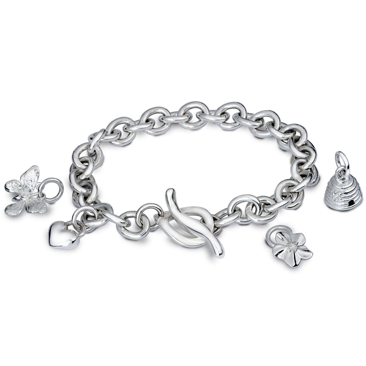 Silver heart charm bracelet with delicate chain and engraved details by Scarlett Jewellery.