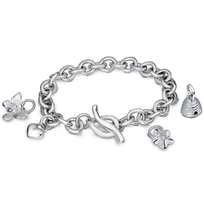 Silver heart charm bracelet with delicate chain and engraved details by Scarlett Jewellery.