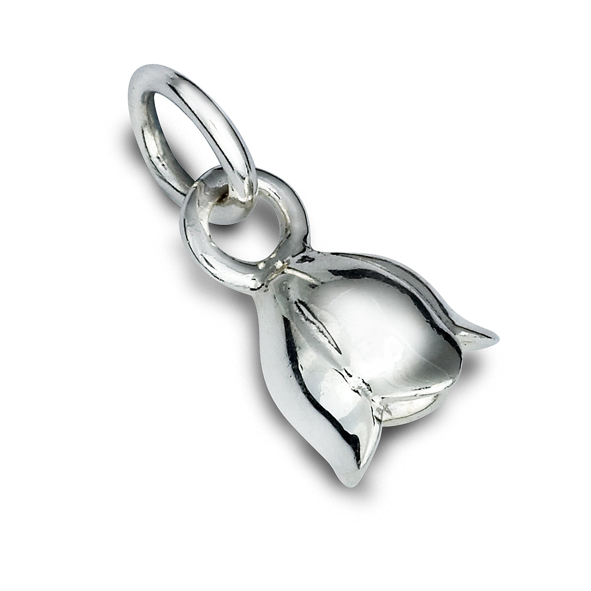 A silver lily of the valley flower charm with delicate detailing, displayed on a soft white background, by Scarlett Jewellery