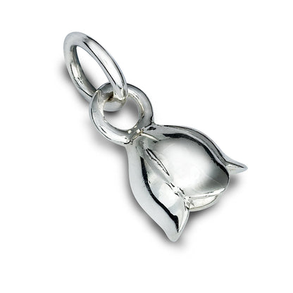 A silver lily of the valley flower charm with delicate detailing, displayed on a soft white background, by Scarlett Jewellery