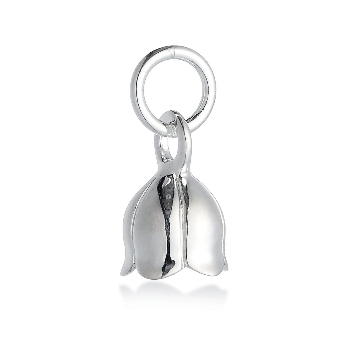 A silver lily of the valley flower charm with delicate detailing, displayed on a soft pink background by Scarlett Jewellery.