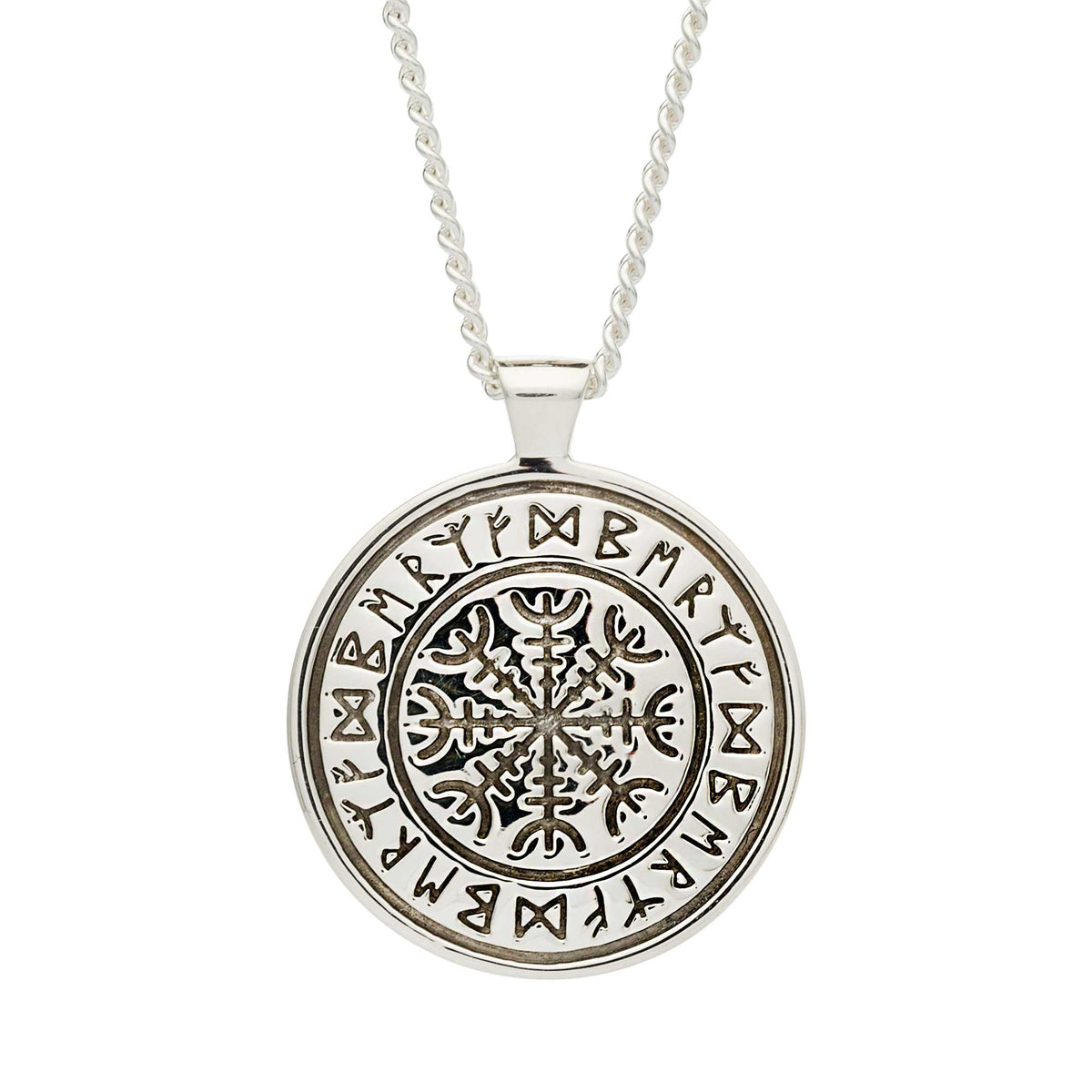 A silver Viking rune necklace with personalized engraving, displayed on a wooden background, by Scarlett Jewellery.