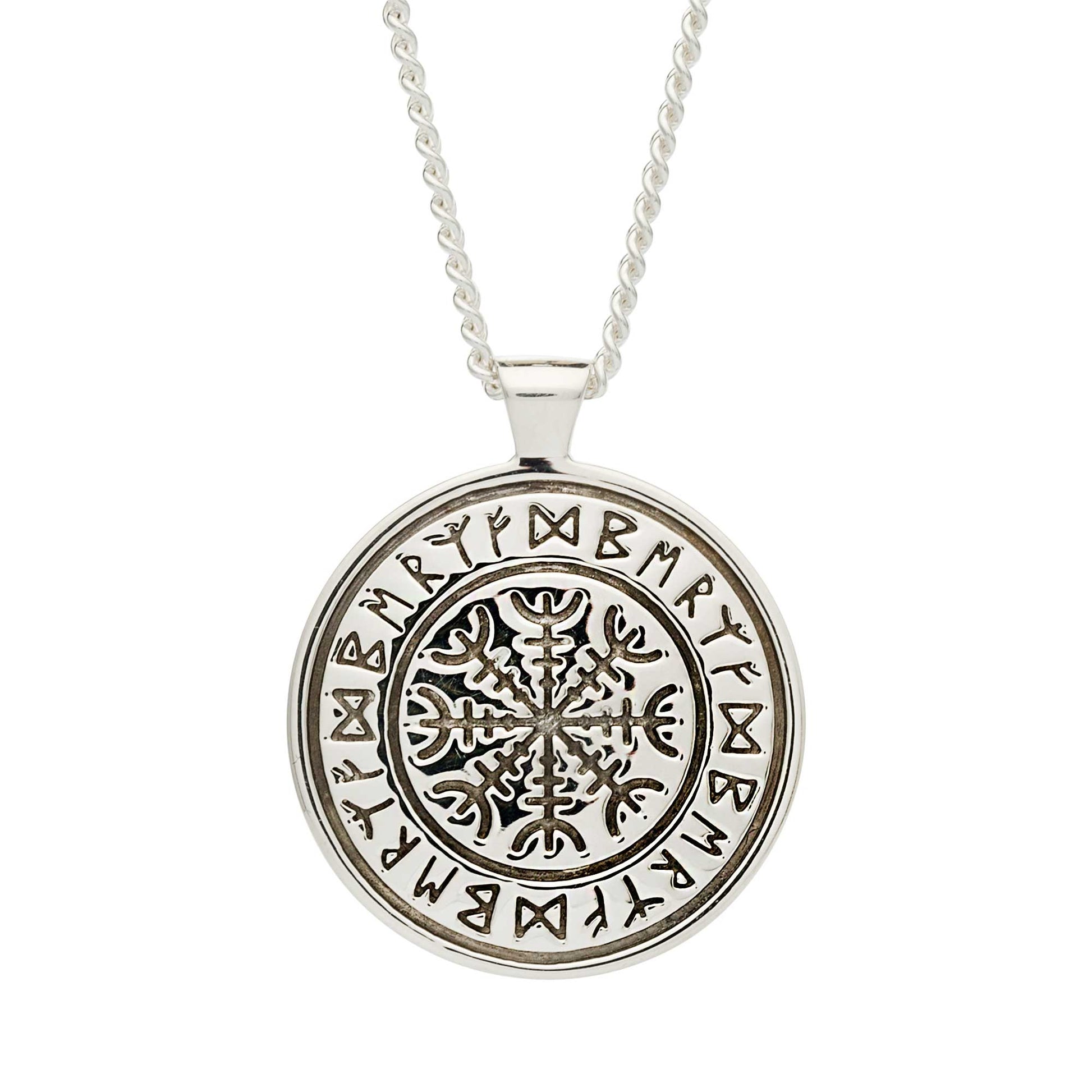 A silver Viking rune necklace with personalized engraving, displayed on a wooden background, by Scarlett Jewellery.