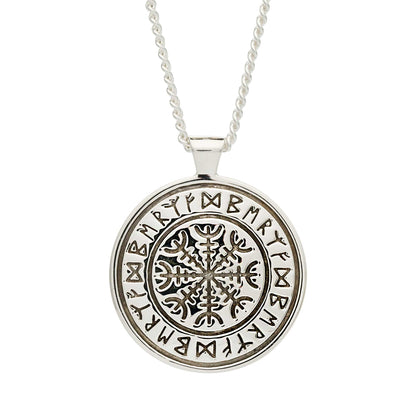 A silver Viking rune necklace with personalized engraving, displayed on a wooden background, by Scarlett Jewellery.