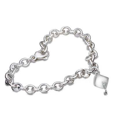 Silver charm bracelet with personalized mortar board charm by Scarlett Jewellery