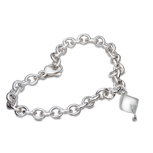 Silver charm bracelet with personalized mortar board charm by Scarlett Jewellery