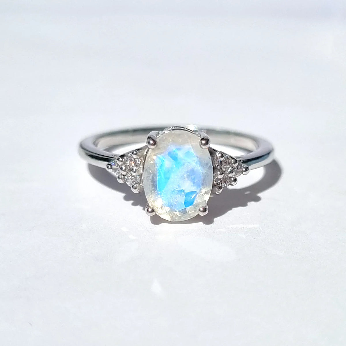 Rainbow Moonstone Ring in Sterling Silver (Oval Cut) - SJR London Timepiece