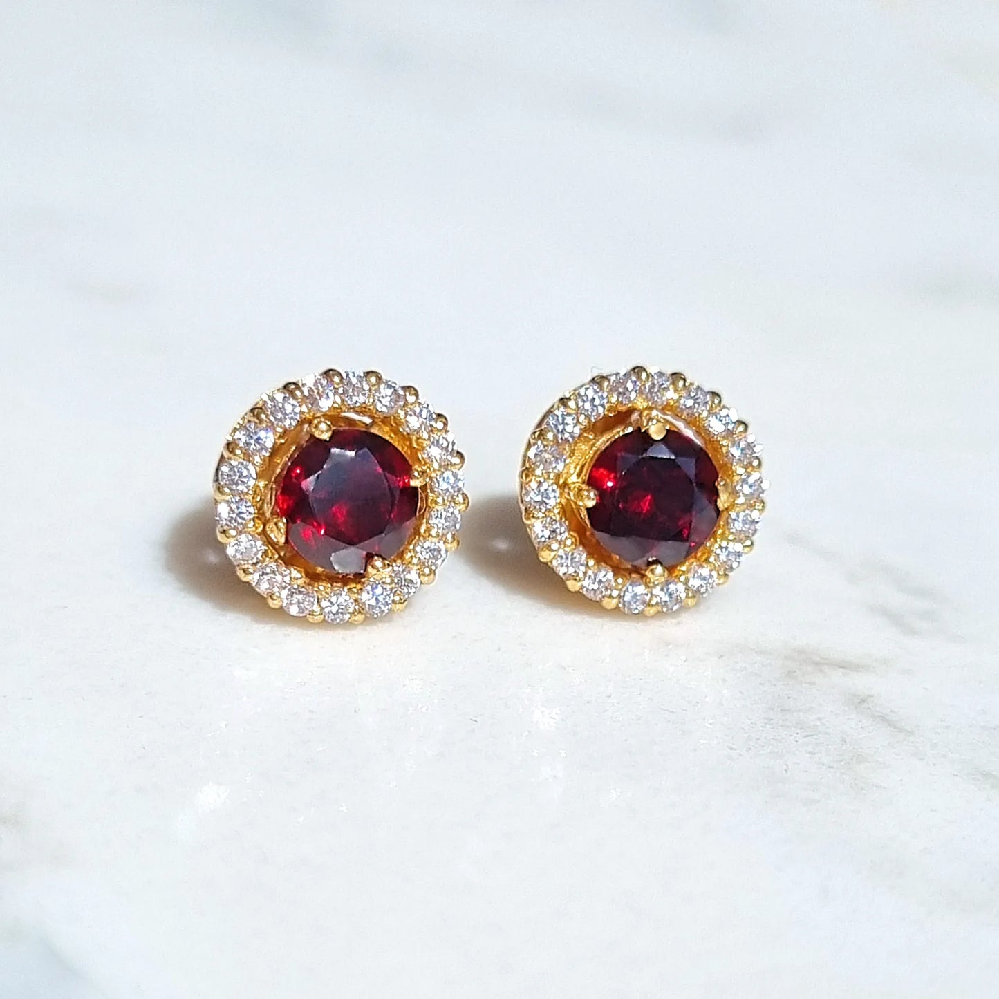 Garnet Halo Stud Earrings with Jackets in 18k Gold Vermeil - SJR London Timepiece