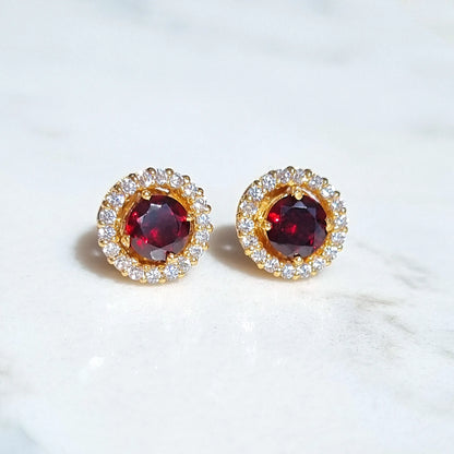Garnet Halo Stud Earrings with Jackets in 18k Gold Vermeil - SJR London Timepiece
