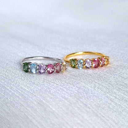 Rainbow Multicoloured Gemstone Half Eternity Ring in Sterling Silver - SJR London Timepiece