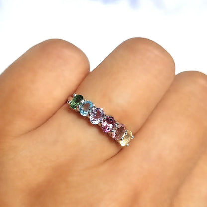 Rainbow Multicoloured Gemstone Half Eternity Ring in Sterling Silver - SJR London Timepiece