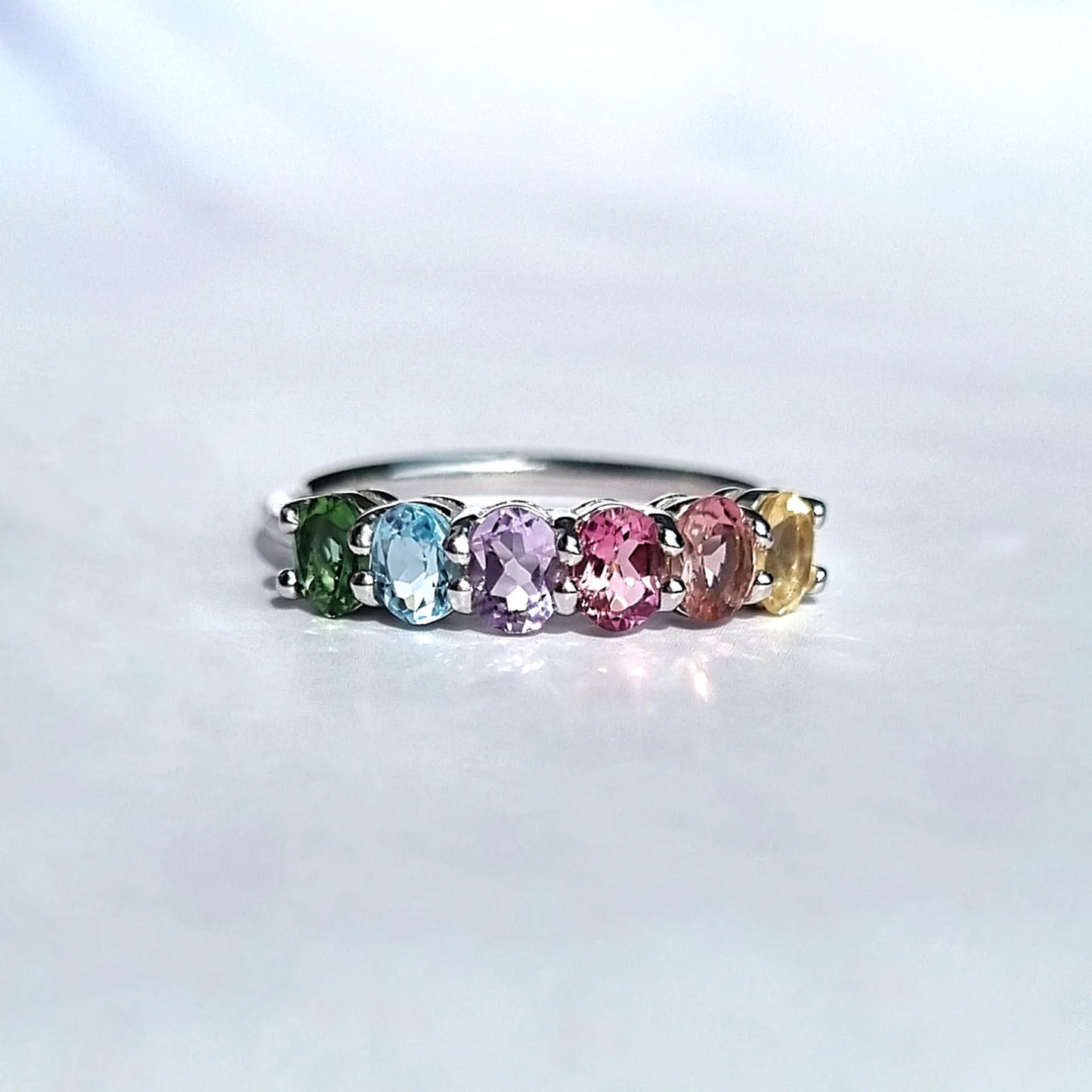 Rainbow Multicoloured Gemstone Half Eternity Ring in Sterling Silver - SJR London Timepiece