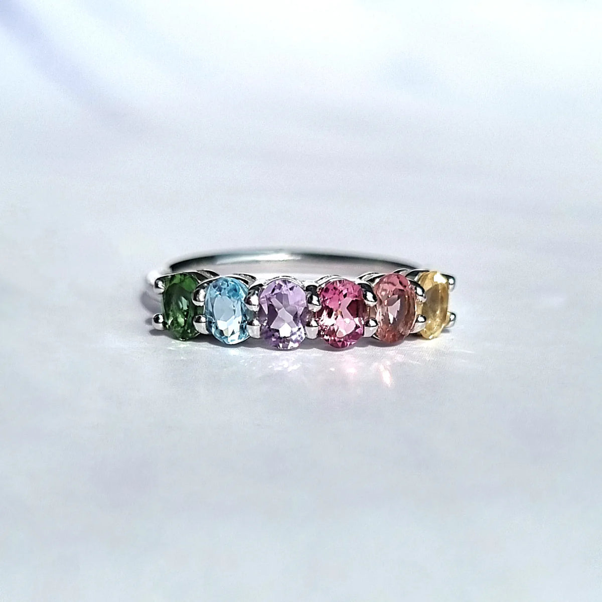 Rainbow Multicoloured Gemstone Half Eternity Ring in Sterling Silver - SJR London Timepiece