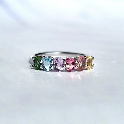 Rainbow Multicoloured Gemstone Half Eternity Ring in Sterling Silver - SJR London Timepiece