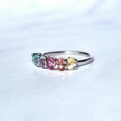 Rainbow Multicoloured Gemstone Half Eternity Ring in Sterling Silver - SJR London Timepiece